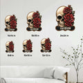 Skull and rose metal sign shown in multiple size options from 8x8 to 24x24 inches