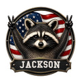Custom raccoon metal sign featuring a playful raccoon raising peace signs against an American flag