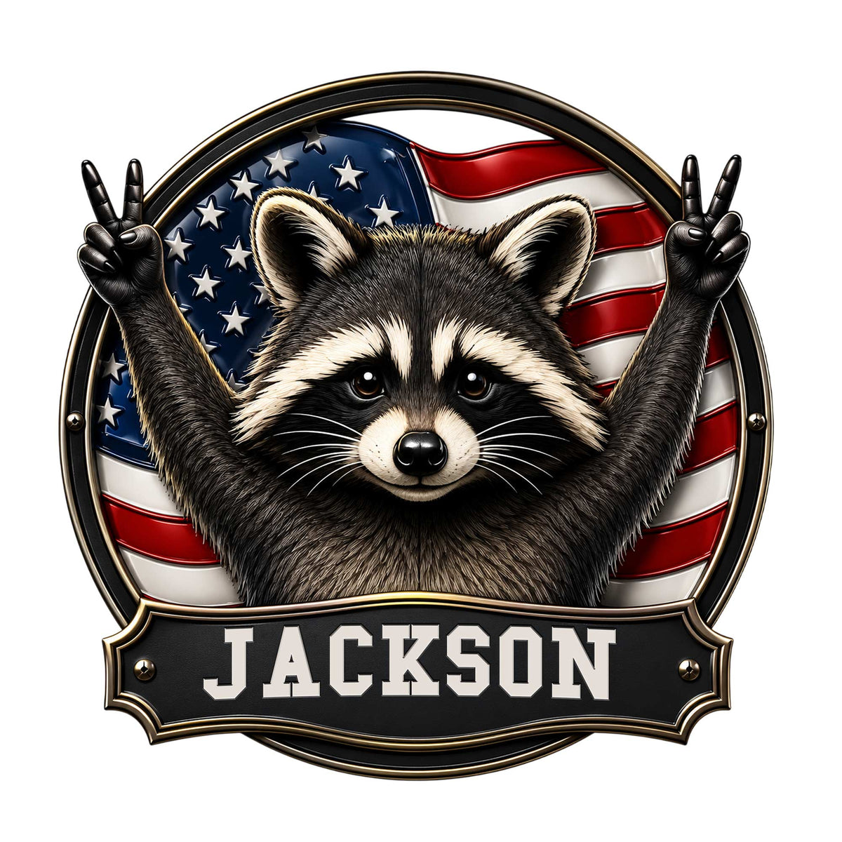 Custom raccoon metal sign featuring a playful raccoon raising peace signs against an American flag