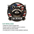 Patriotic raccoon metal sign shown in a product feature graphic for indoor or outdoor display