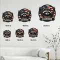 Raccoon metal sign size guide showing multiple square size options in a bright living room