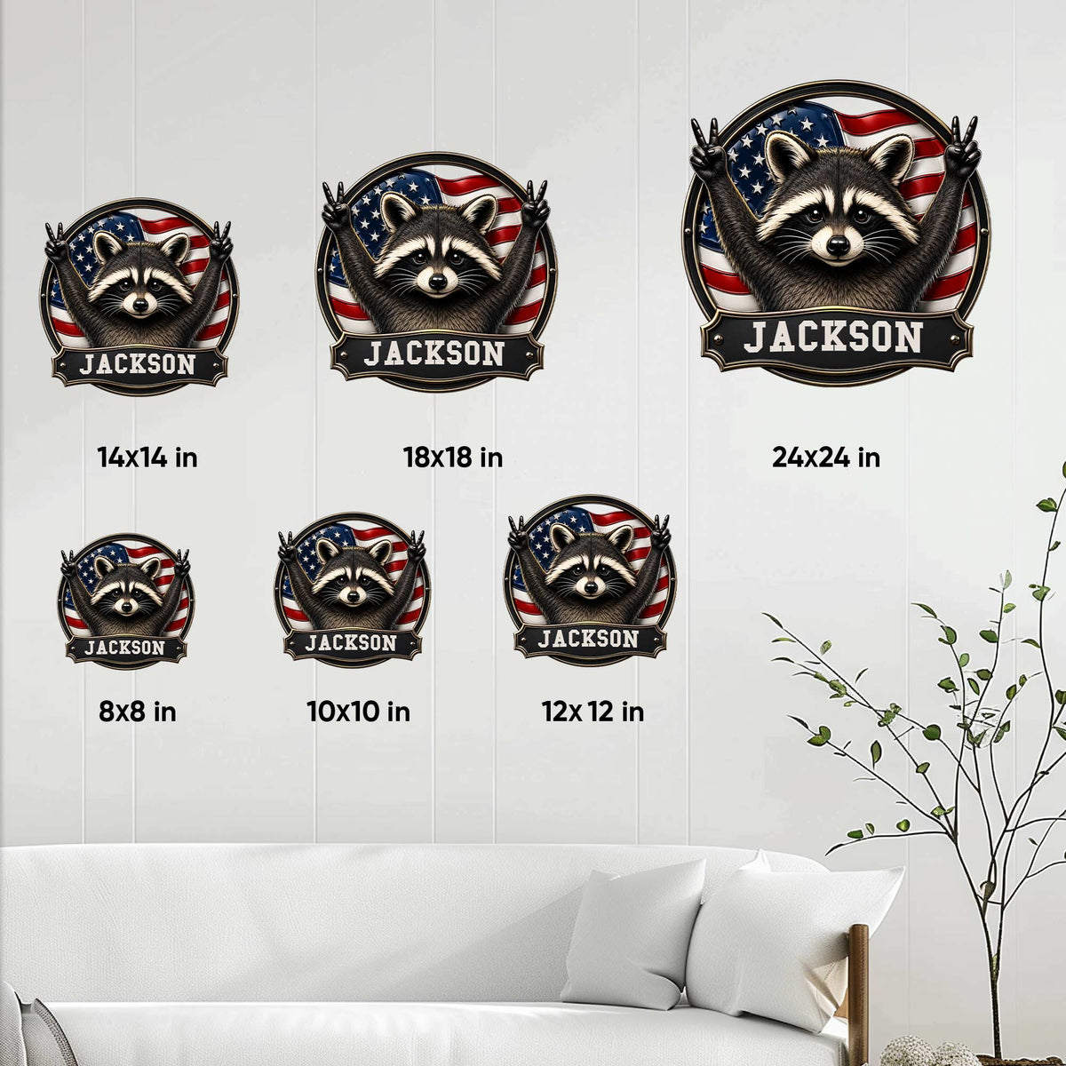 Raccoon metal sign size guide showing multiple square size options in a bright living room