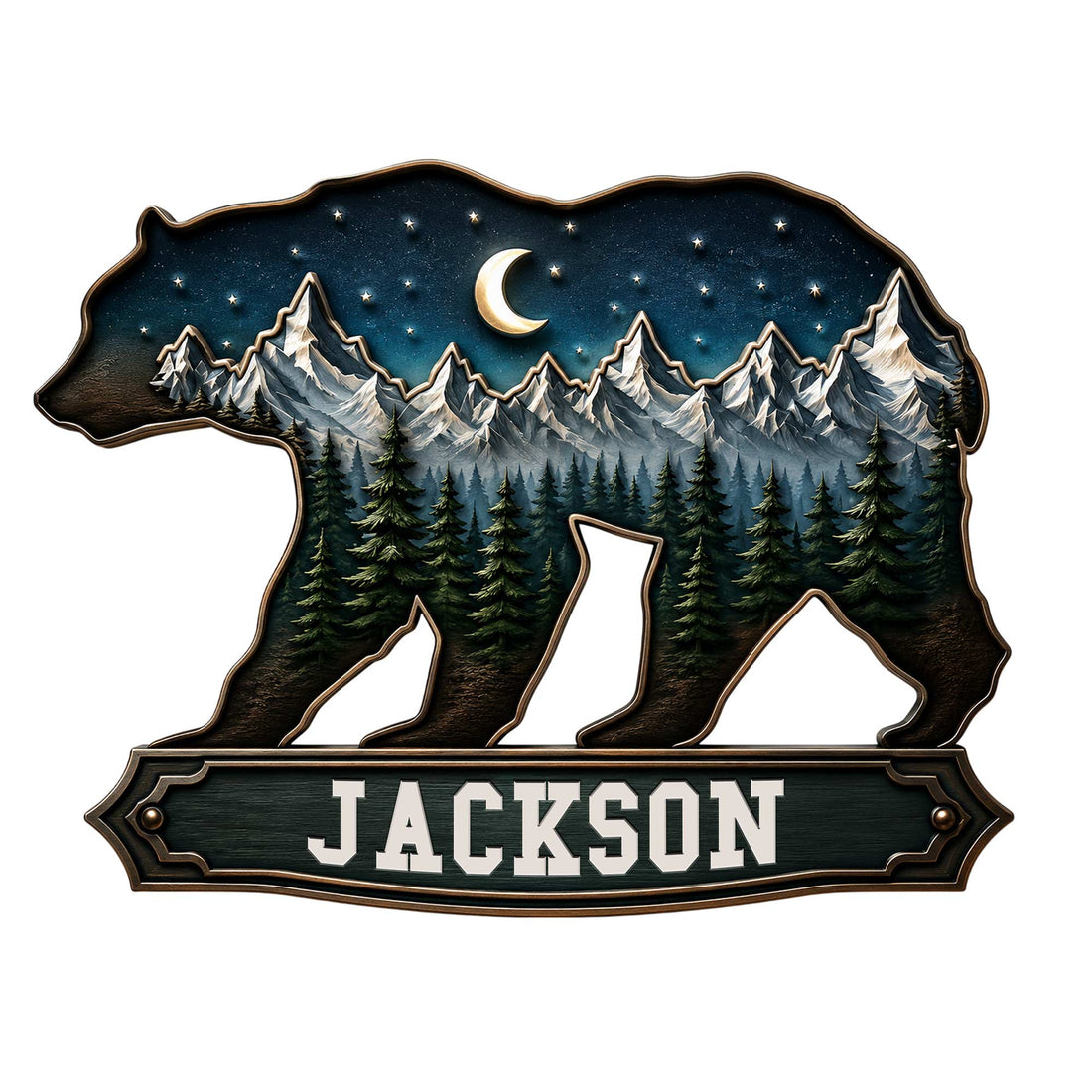 Custom bear-shaped metal sign featuring snowy mountains, evergreen forest, stars, and a crescent moon