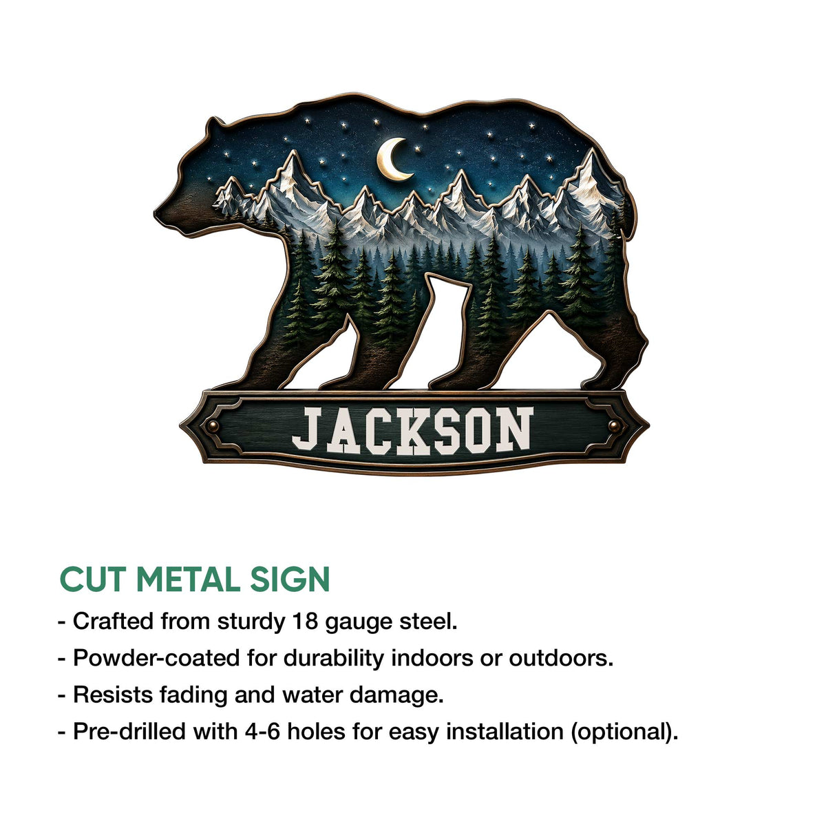 Bear-shaped cut metal sign with a mountain forest nightscape shown alongside product feature information