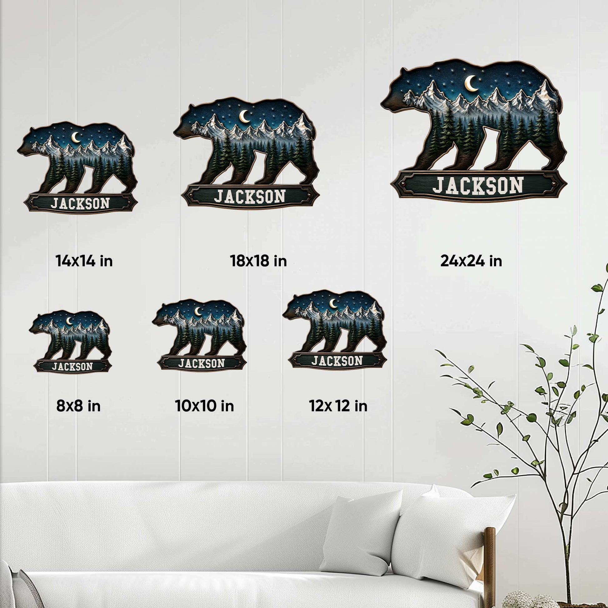 Bear-shaped metal sign size guide showing several available dimensions in a living room display