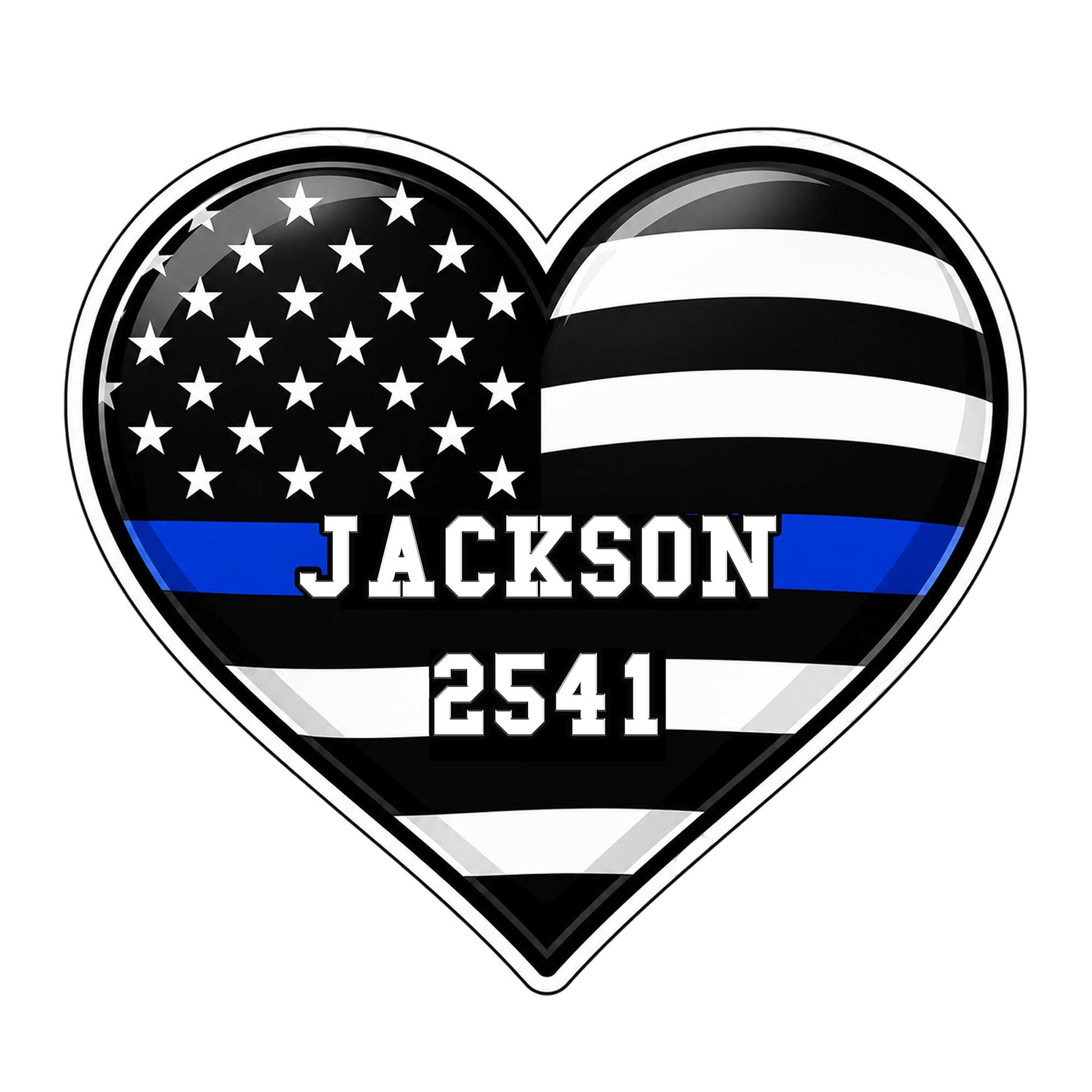 Heart-shaped police metal sign with an American flag design and blue line accent