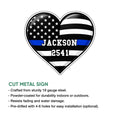 Heart-shaped thin blue line police sign shown as a cut metal wall decor piece