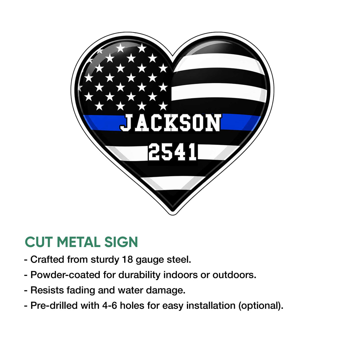 Heart-shaped thin blue line police sign shown as a cut metal wall decor piece