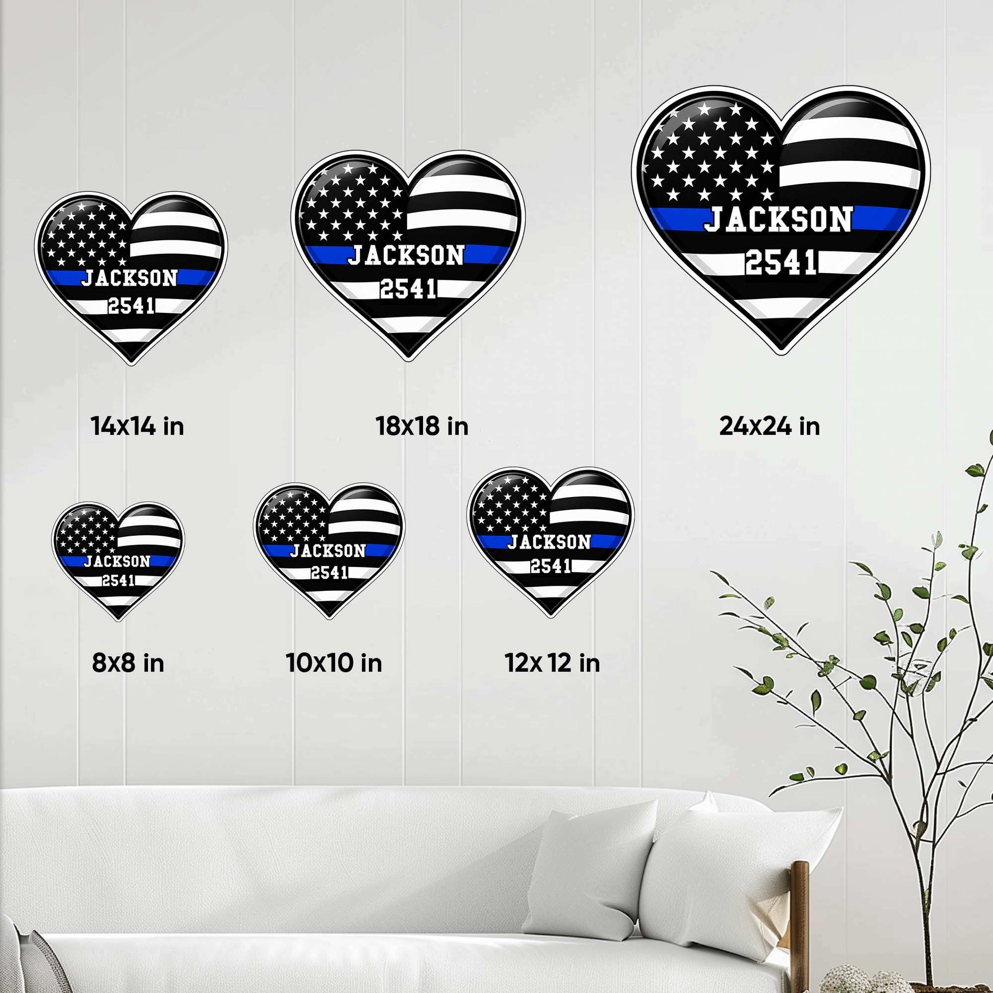 Heart-shaped police sign size guide showing available wall decor dimensions