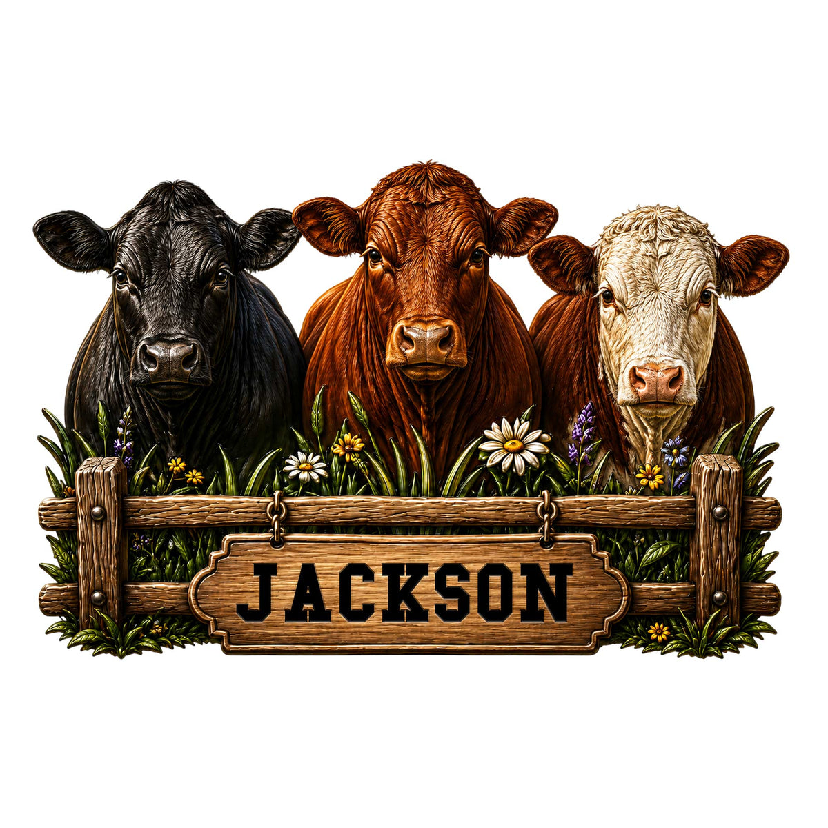 Custom cow metal sign featuring three cows, wildflowers, a rustic fence, and a wood-style farm sign