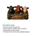 Cow metal sign feature graphic showing the three-cow farm design and cut metal sign details