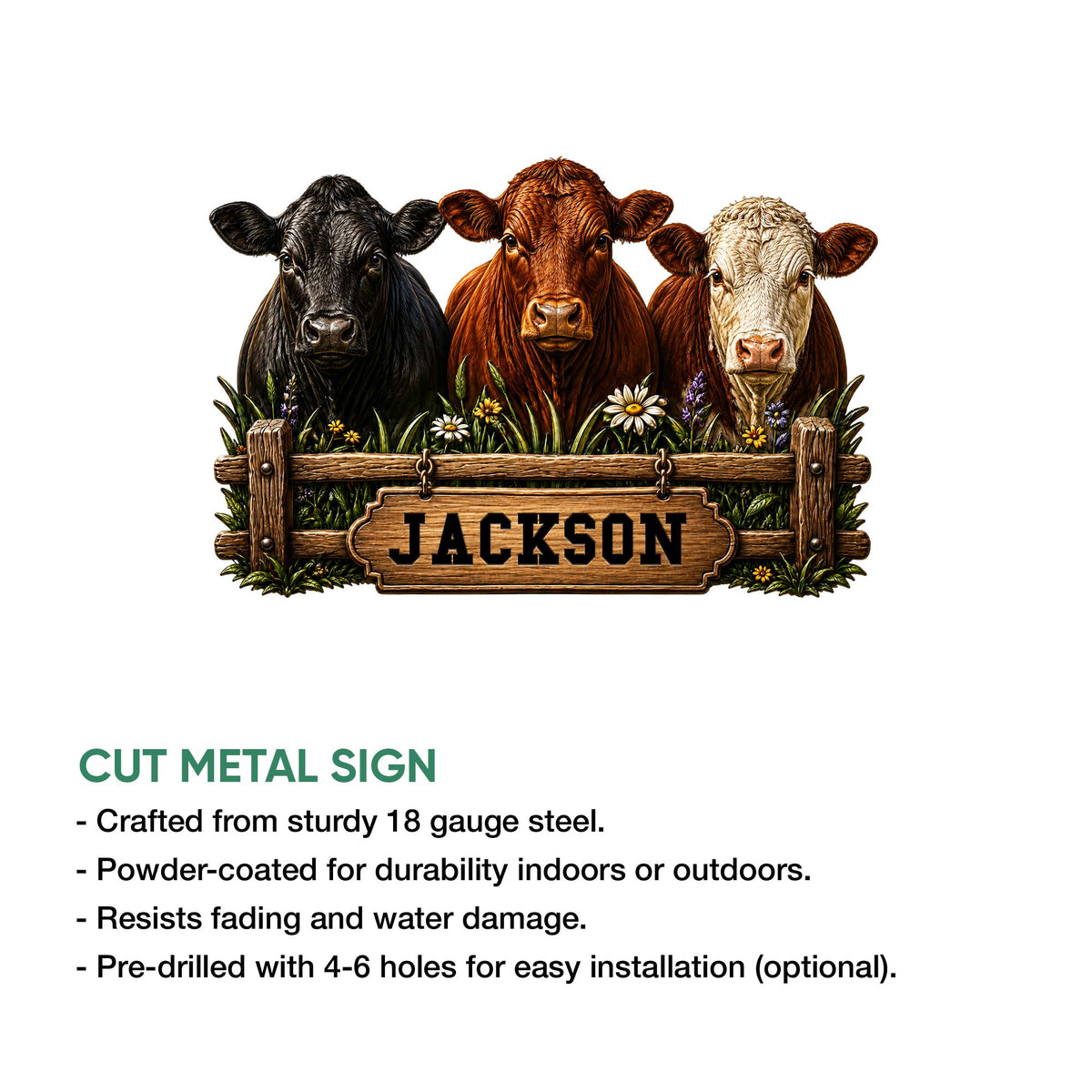Cow metal sign feature graphic showing the three-cow farm design and cut metal sign details