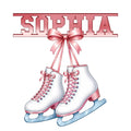 Pink ice skating metal sign featuring white figure skates with ribbons and a decorative bow