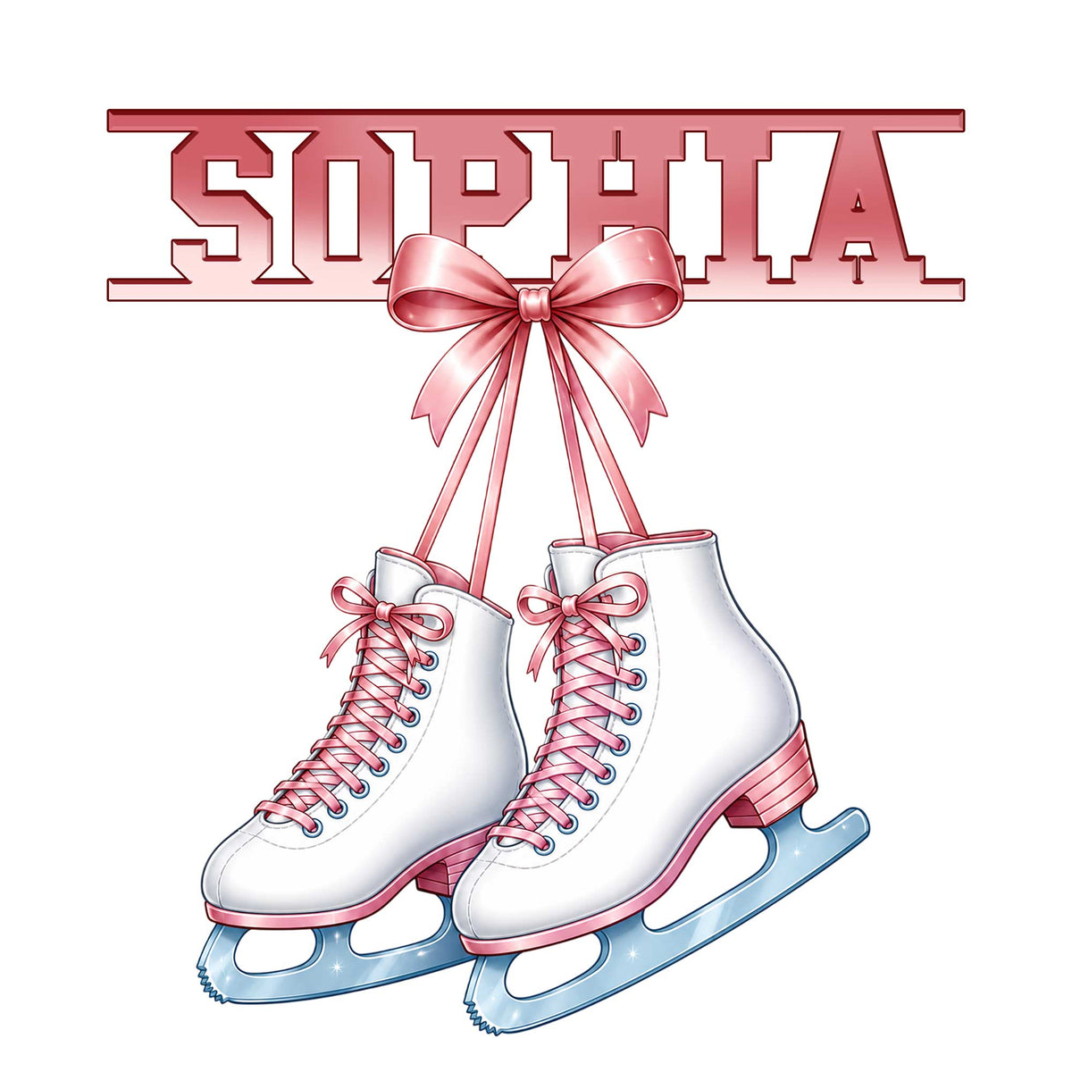 Pink ice skating metal sign featuring white figure skates with ribbons and a decorative bow