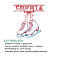 Ice skating metal sign feature graphic showing ribbon-adorned figure skates and decorative lettering