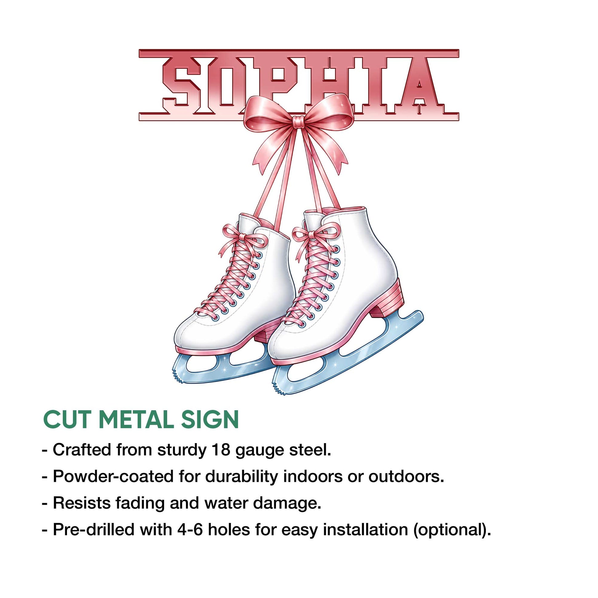 Ice skating metal sign feature graphic showing ribbon-adorned figure skates and decorative lettering