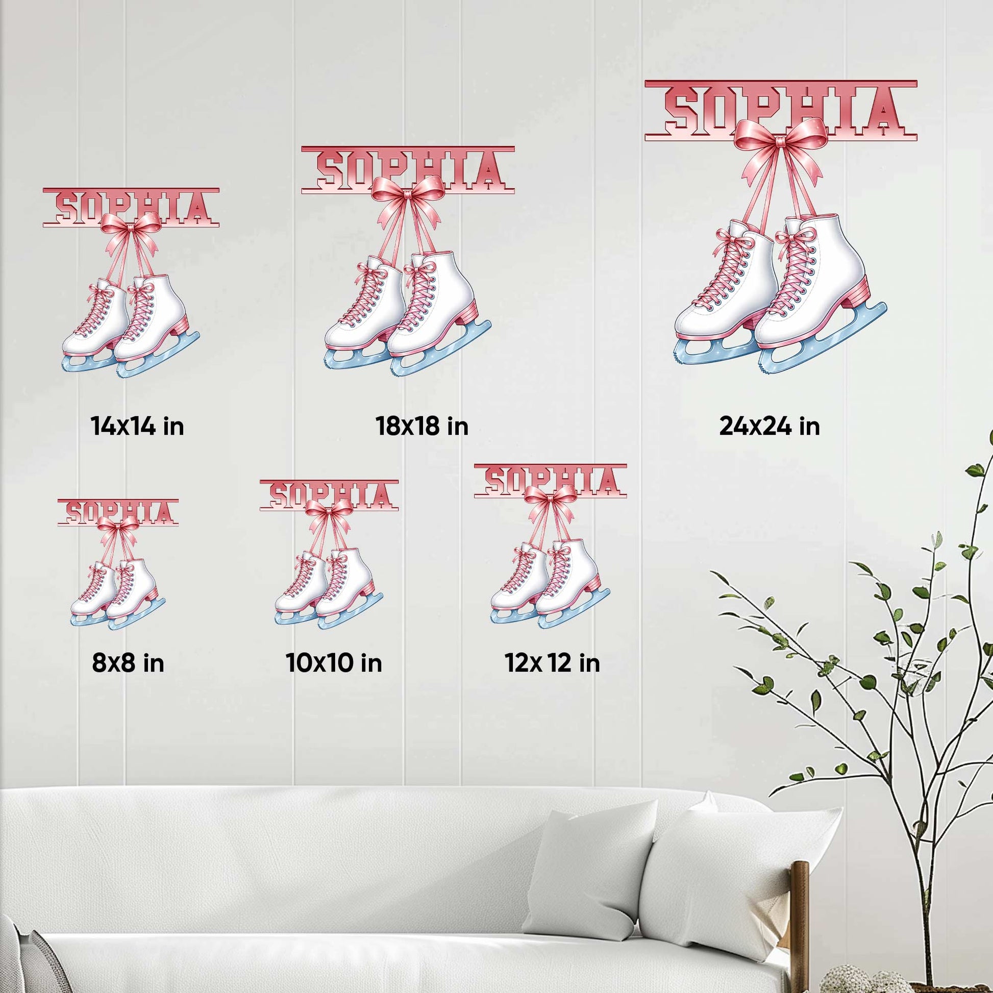 Ice skating metal sign size guide showing the design in six available square sizes
