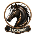 Close-up of a black horse portrait metal sign with an ornate bronze circular frame and decorative plaque