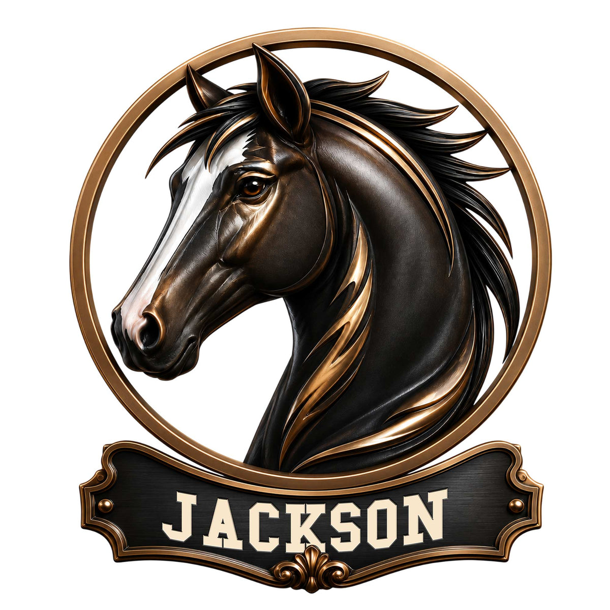 Close-up of a black horse portrait metal sign with an ornate bronze circular frame and decorative plaque