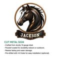 Horse metal sign shown with cut-metal construction and indoor or outdoor display features