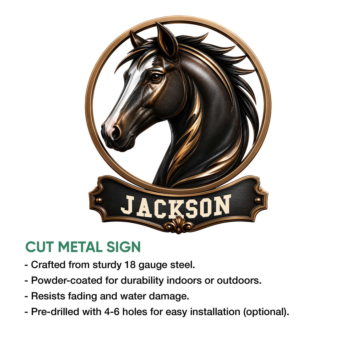 Horse metal sign shown with cut-metal construction and indoor or outdoor display features