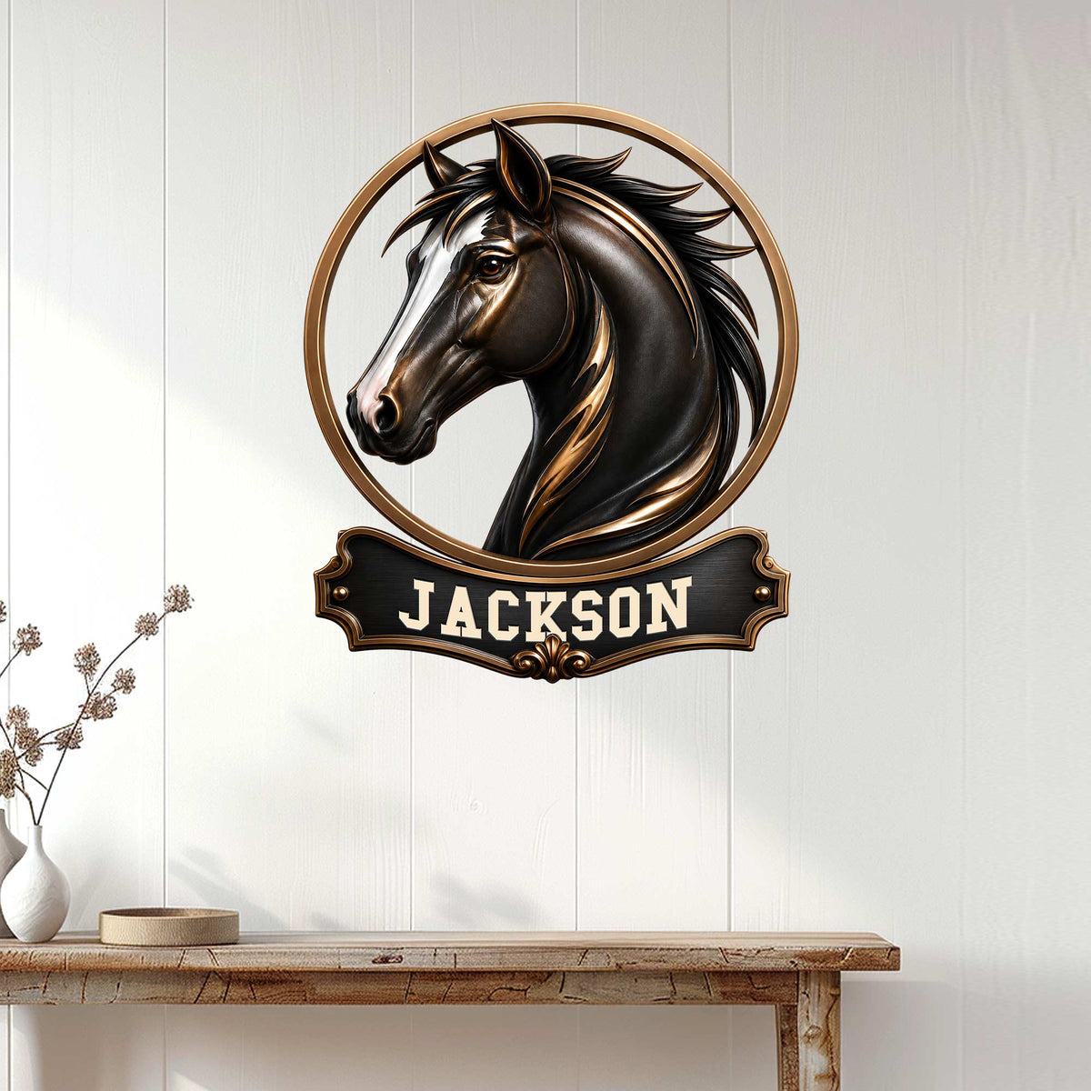 Black horse wall sign displayed on white paneled wall above a console table