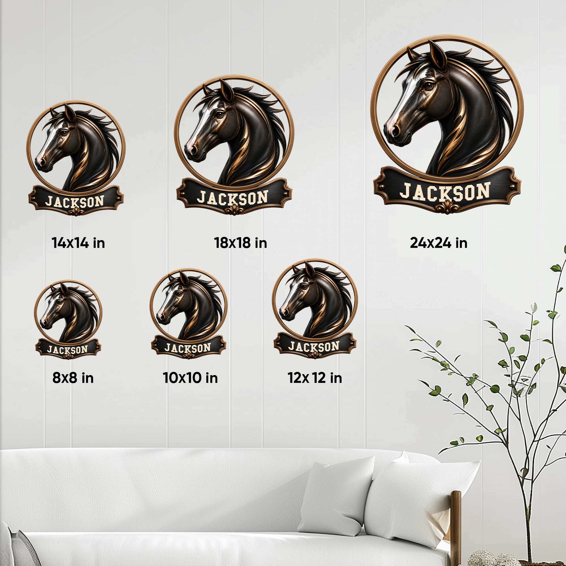 Horse metal sign size guide showing several square size options from small to large