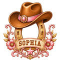 Cowgirl metal sign featuring a brown cowboy hat, horseshoe, pink flowers, star, and ornate Western details