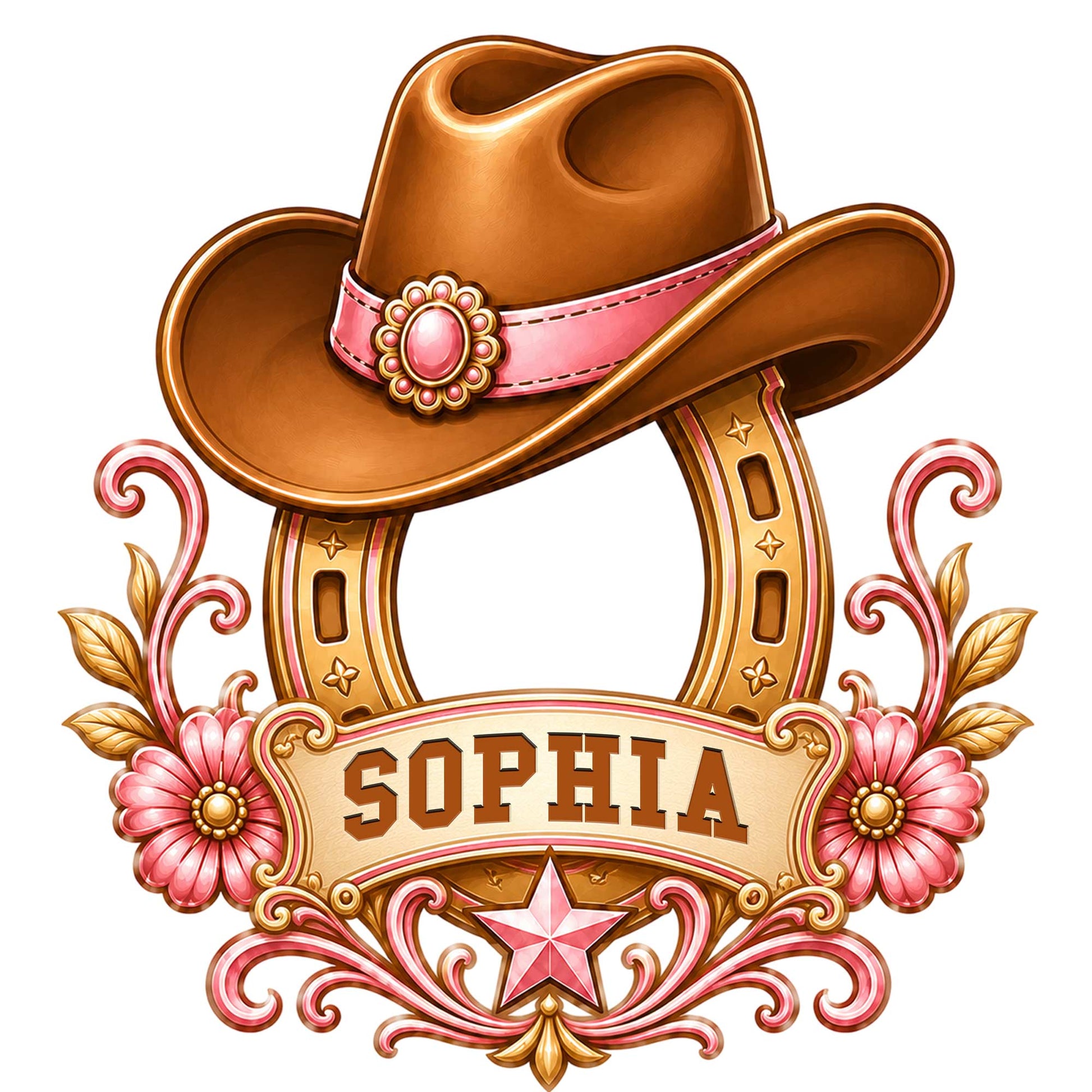 Cowgirl metal sign featuring a brown cowboy hat, horseshoe, pink flowers, star, and ornate Western details