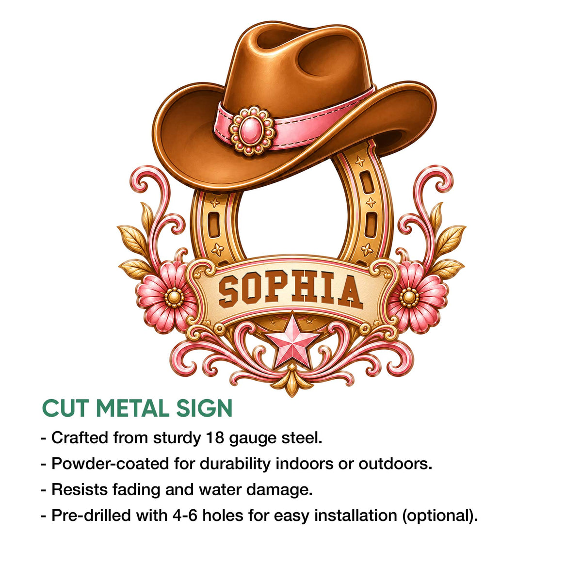 Decorative cowgirl metal sign shown with a cowboy hat, floral horseshoe design, and product feature callouts