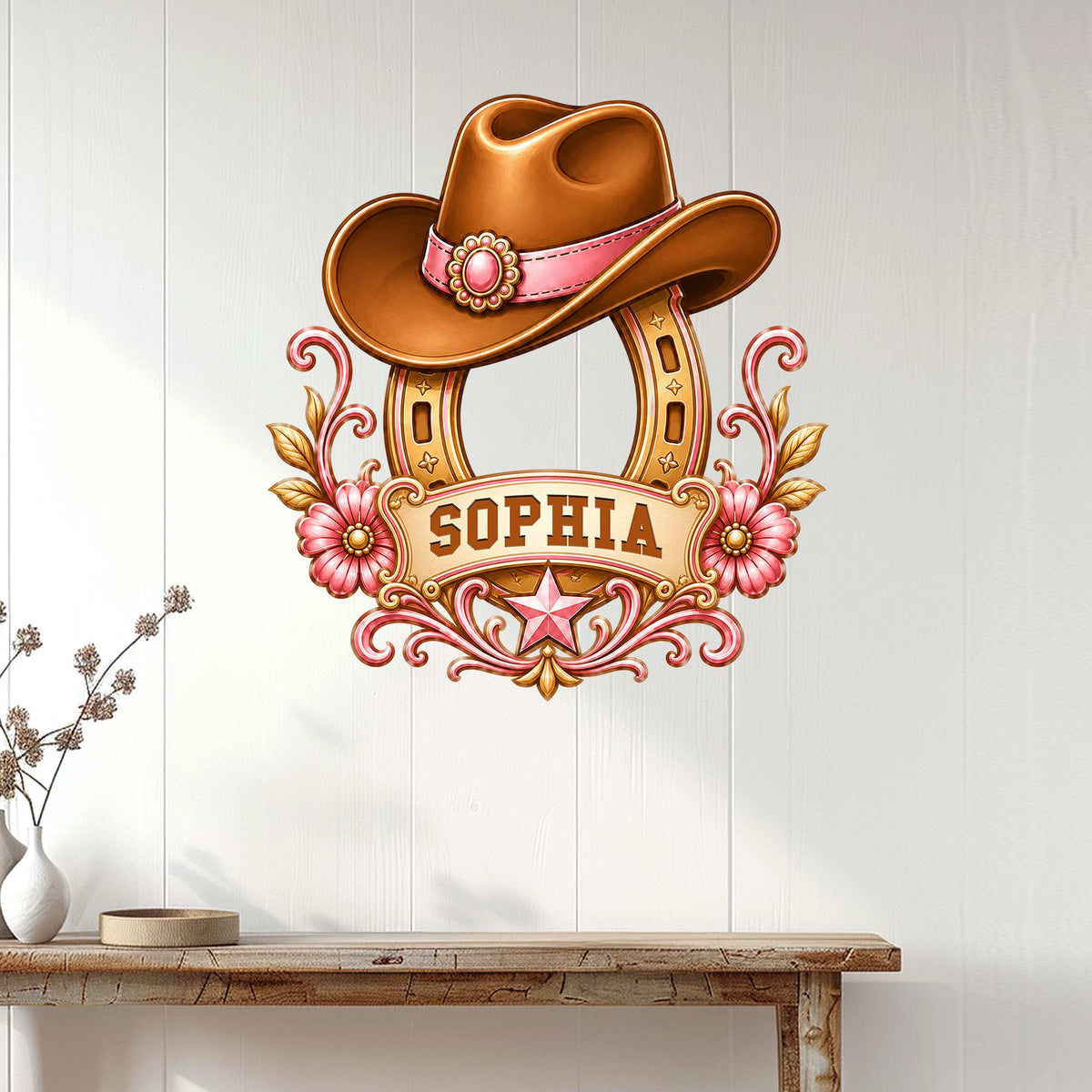 Cowgirl Western wall sign displayed above a console table in a bright farmhouse-style entryway