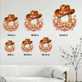 Cowgirl metal sign size guide showing several square size options in a Western wall decor setting