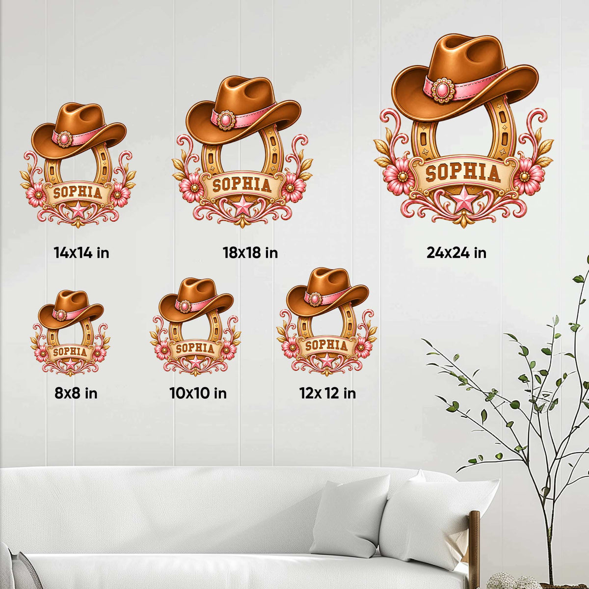 Cowgirl metal sign size guide showing several square size options in a Western wall decor setting