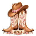 Custom cowgirl metal sign featuring ornate brown cowboy boots, a pink-trimmed hat, and floral western details