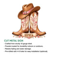 Cowgirl boot metal sign shown as a cut-metal wall decor design with ornate floral western styling