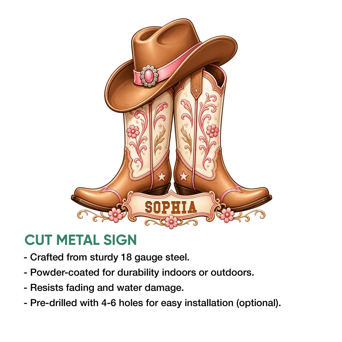 Cowgirl boot metal sign shown as a cut-metal wall decor design with ornate floral western styling