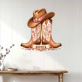 Cowgirl metal sign displayed on a white wood wall above a console table in a bright western-inspired room
