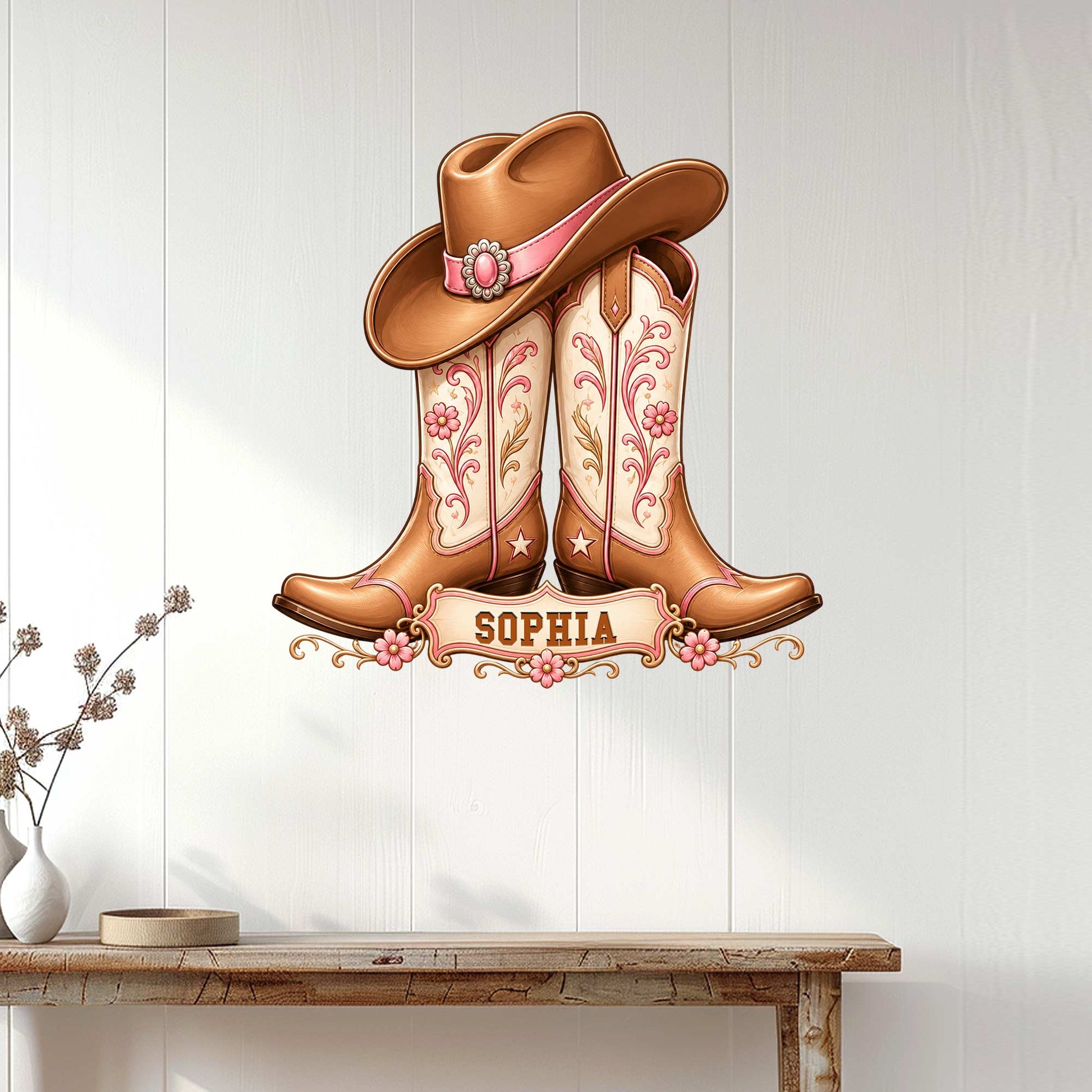 Cowgirl metal sign displayed on a white wood wall above a console table in a bright western-inspired room