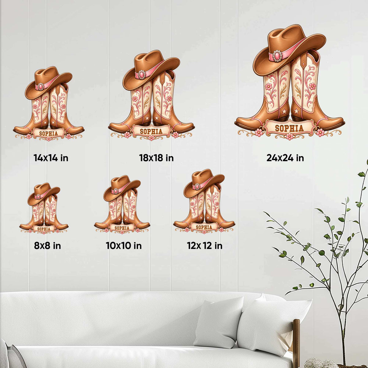 Cowgirl boot metal sign size guide showing 8x8, 10x10, 12x12, 14x14, 18x18, and 24x24 inch options