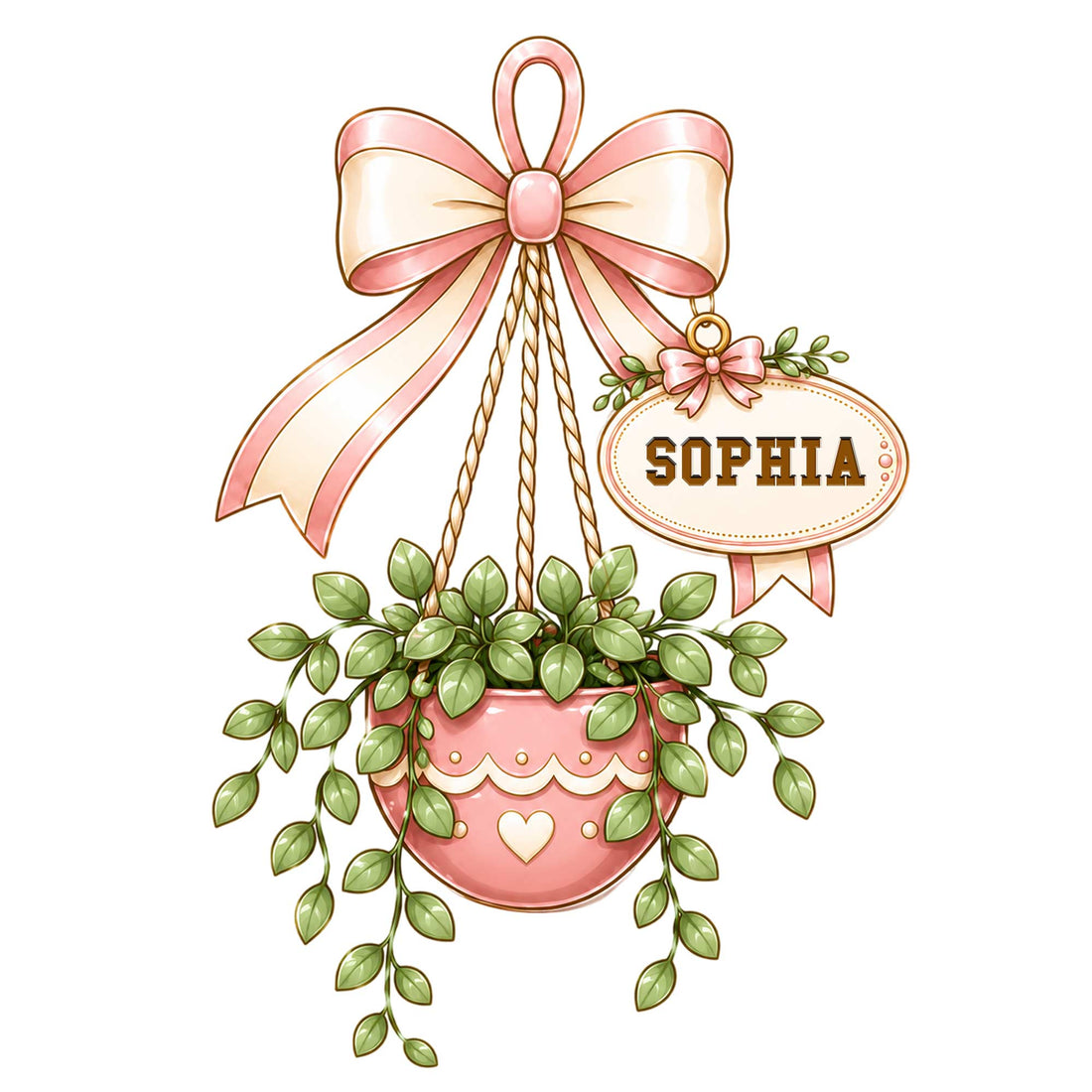 Custom hanging plant metal sign featuring a pink bow, leafy potted plant, and decorative garden charm