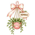 Custom hanging plant metal sign featuring a pink bow, leafy potted plant, and decorative garden charm