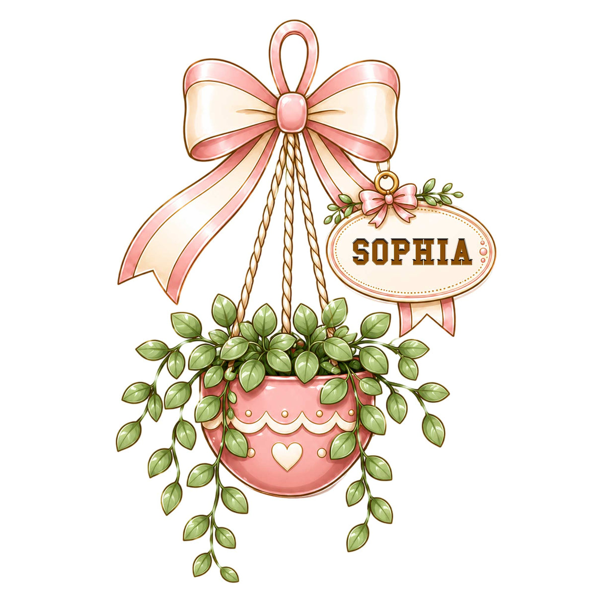 Custom hanging plant metal sign featuring a pink bow, leafy potted plant, and decorative garden charm