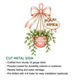 Hanging plant metal sign shown with cut-metal product details and indoor or outdoor display guidance