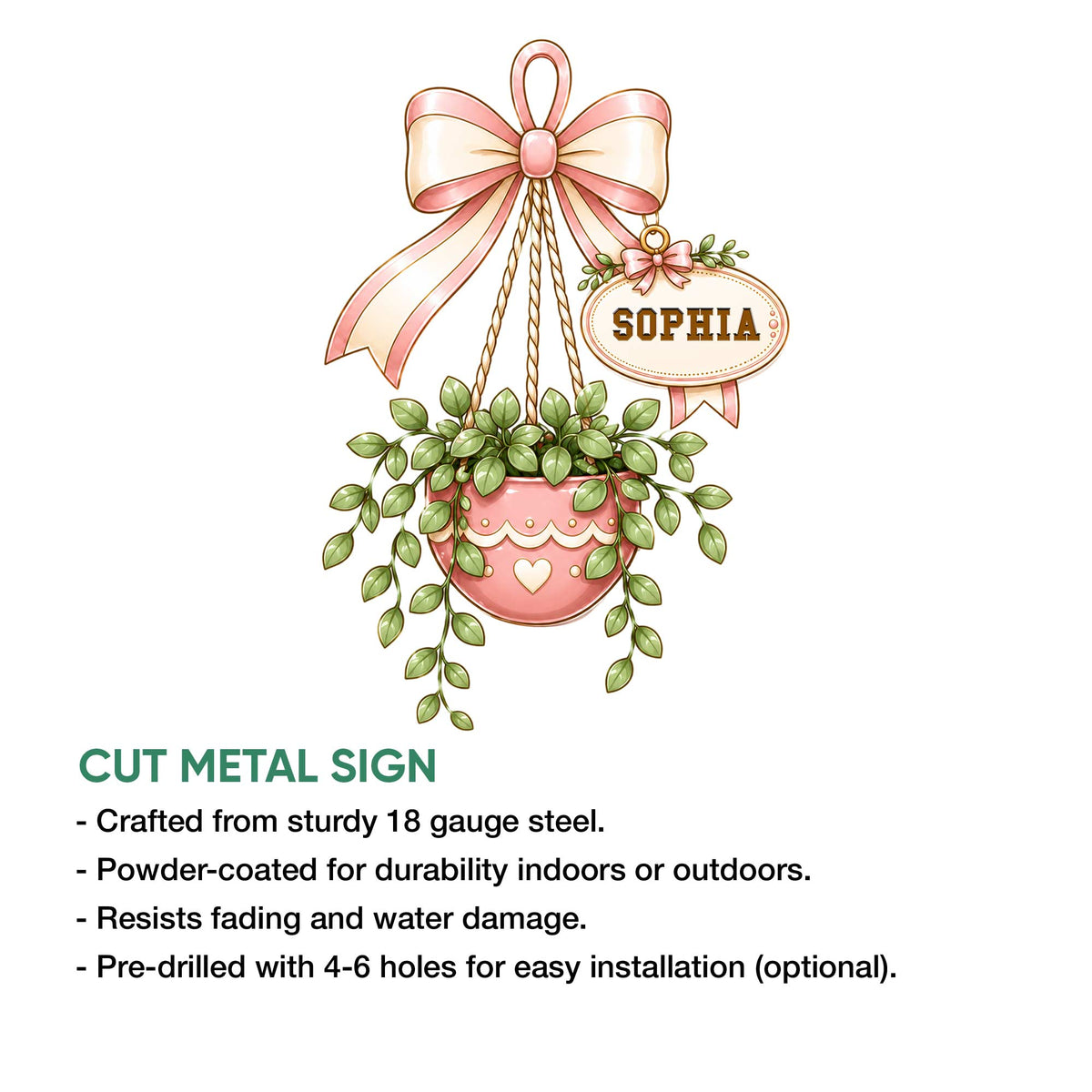 Hanging plant metal sign shown with cut-metal product details and indoor or outdoor display guidance