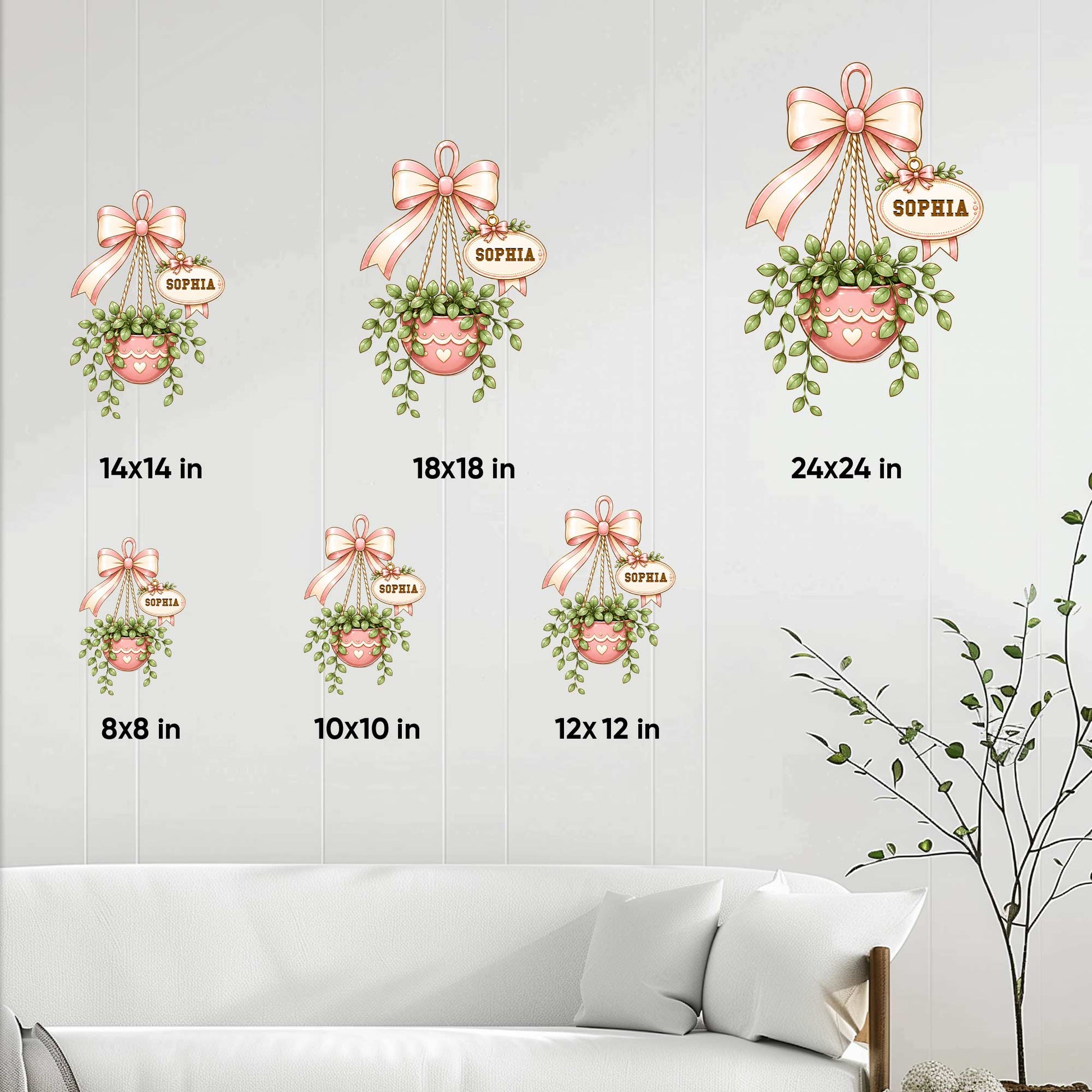 Hanging plant metal sign size guide showing available square dimensions from 8 by 8 to 24 by 24 inches