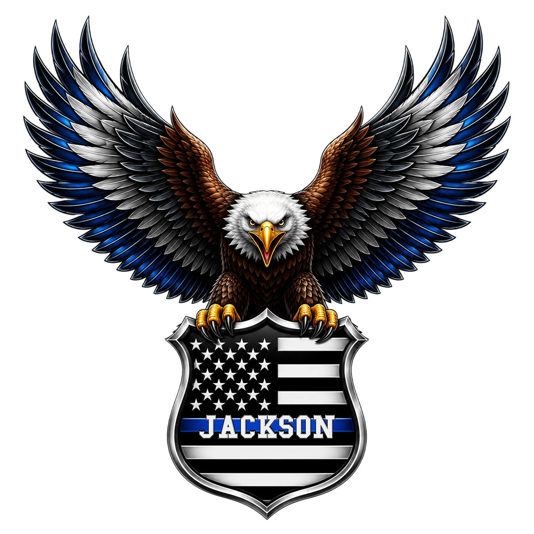 Police metal sign featuring a bald eagle with spread wings above a thin blue line American flag shield