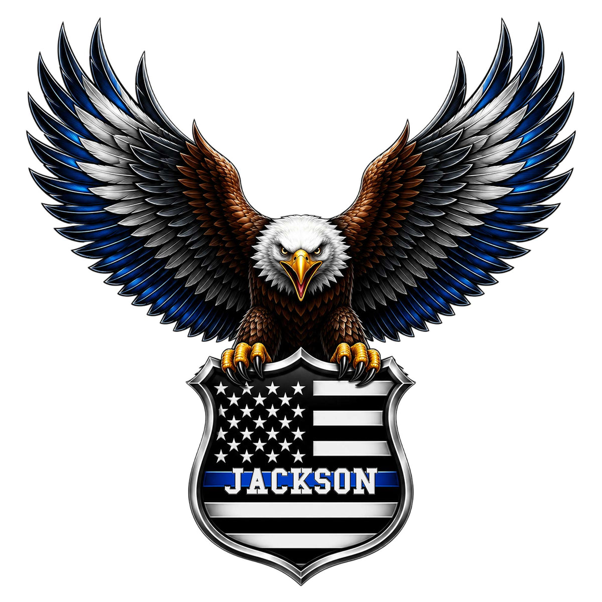 Police metal sign featuring a bald eagle with spread wings above a thin blue line American flag shield