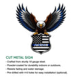 Police eagle metal sign shown with a cut-metal product feature graphic and thin blue line shield design