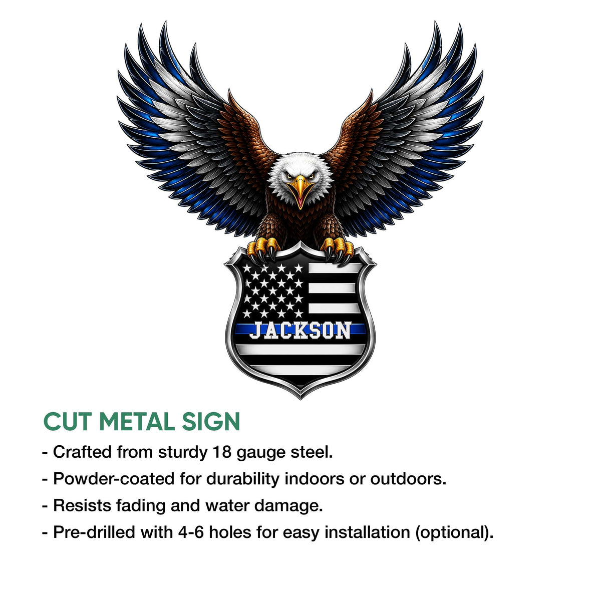 Police eagle metal sign shown with a cut-metal product feature graphic and thin blue line shield design