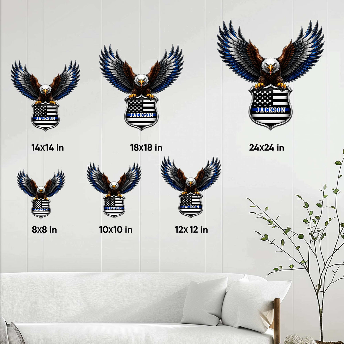 Police eagle metal sign size guide showing available square dimensions from 8 by 8 to 24 by 24 inches